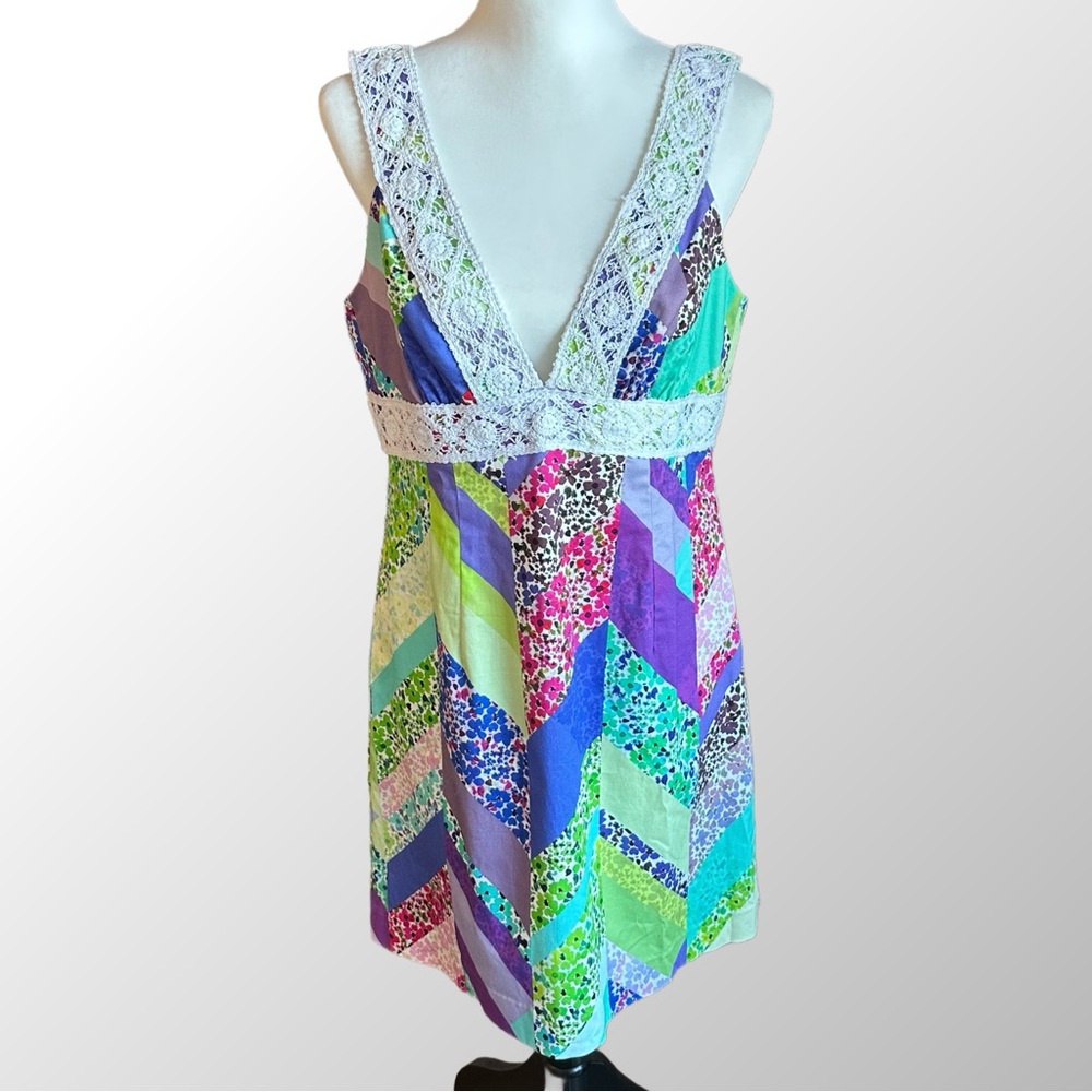 Trina Turk Dress NWT Size 10 Multi Color Pattern Sleeveless Mini w/ Lace Trim